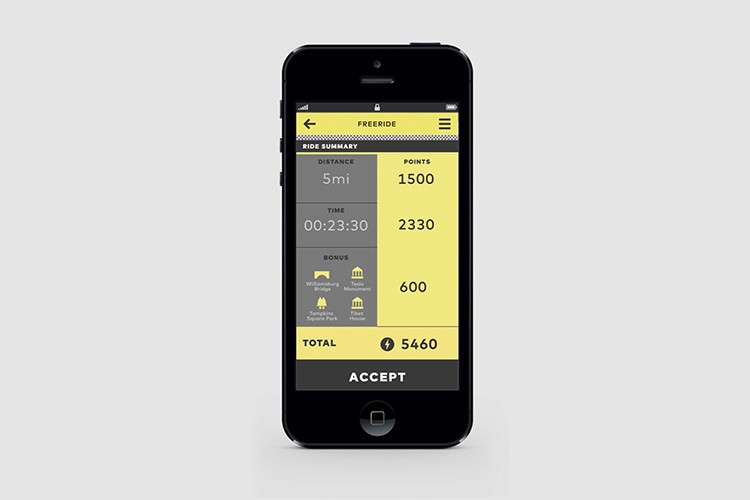 A black iPhone displays a ride summary interface on its screen. The display shows "5 mi" as the distance, "2330" as the time, "600" as the bonus, and "5460" as the total points. The interface includes buttons for "RIDE SUMMARY," "BONUS," and "TOTAL," along with a "FREERIDE" label at the top. The "ACCEPT" button is visible at the bottom.