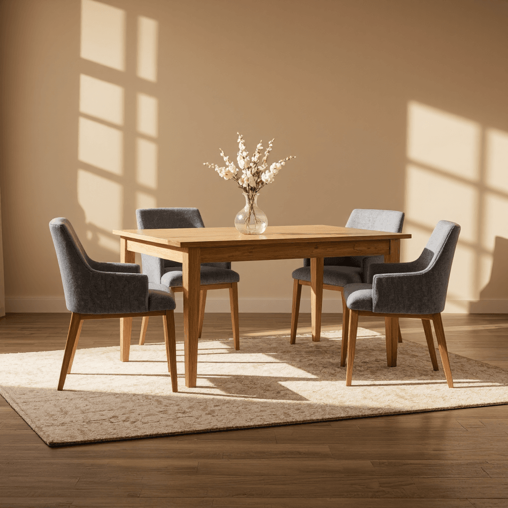 product photography of a dining table set with four chairs