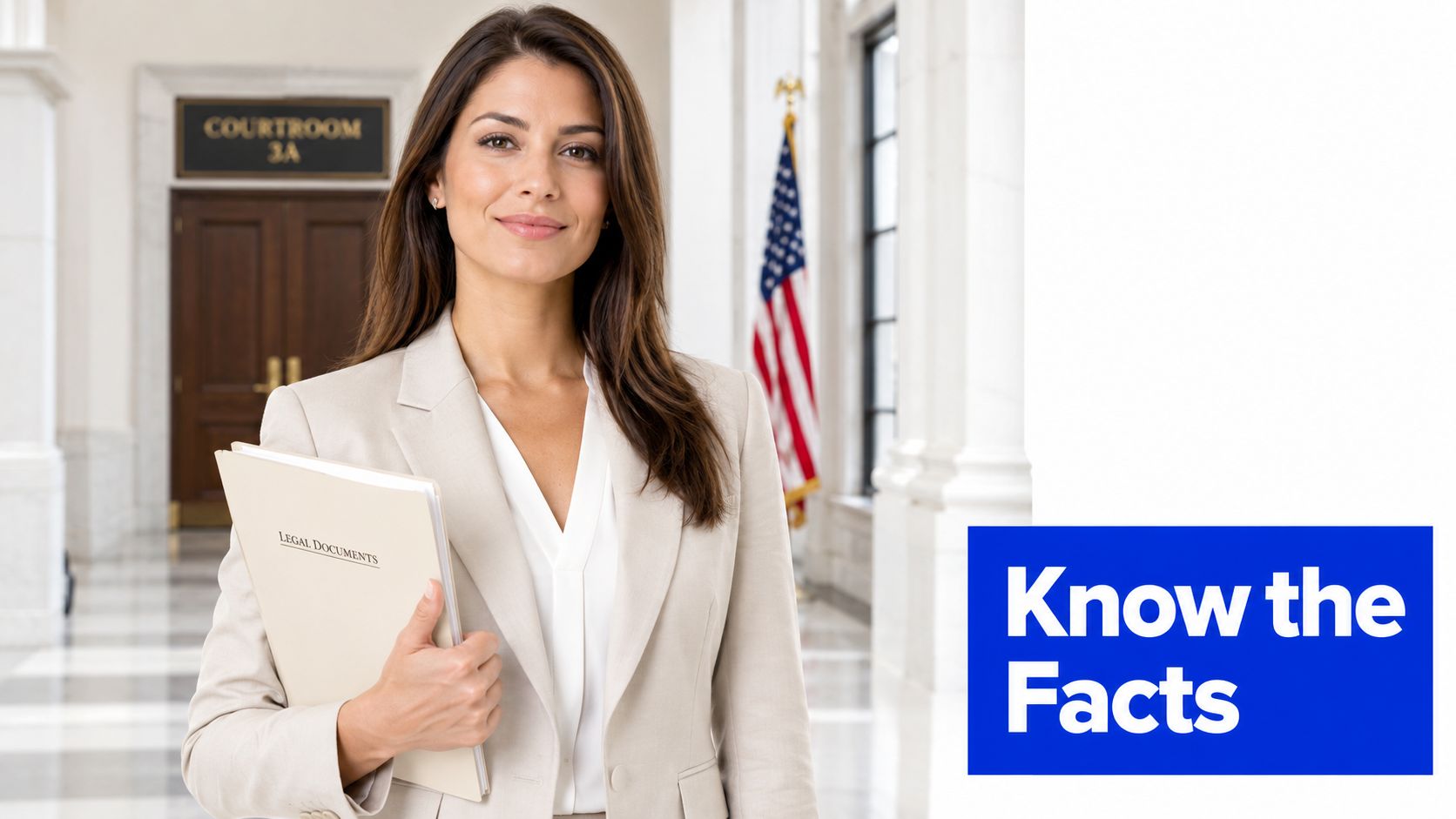 A professional woman in a suit holding legal documents in a courtroom corridor with a flag.