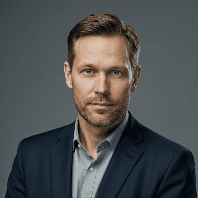 Professional headshot of a mature man with a beard and blue eyes, wearing a dark suit.