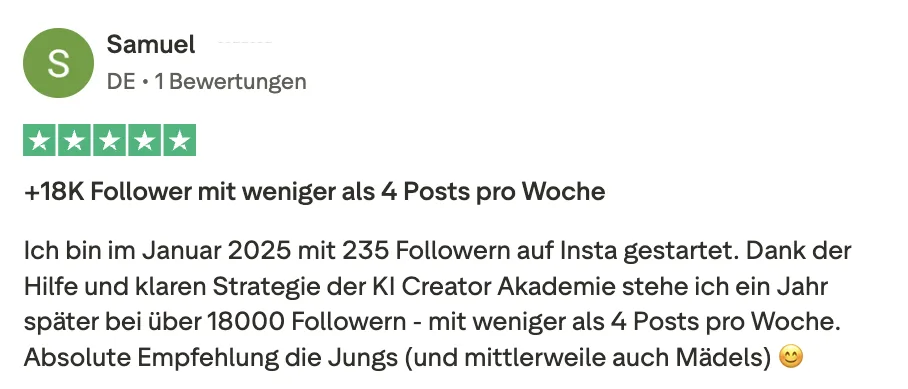 Erfahrungsbericht KI Creator Akademie: Samuel baut über 18.000 Follower mit weniger als 4 Posts pro Woche auf