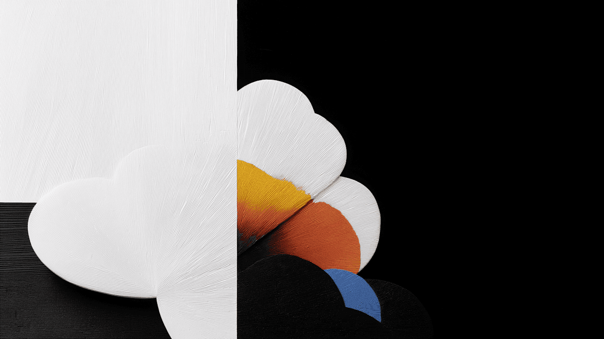 Abstract geometric artwork with layered fan-like shapes in white, accented with yellow, orange, and blue, set against a stark black-and-white background.