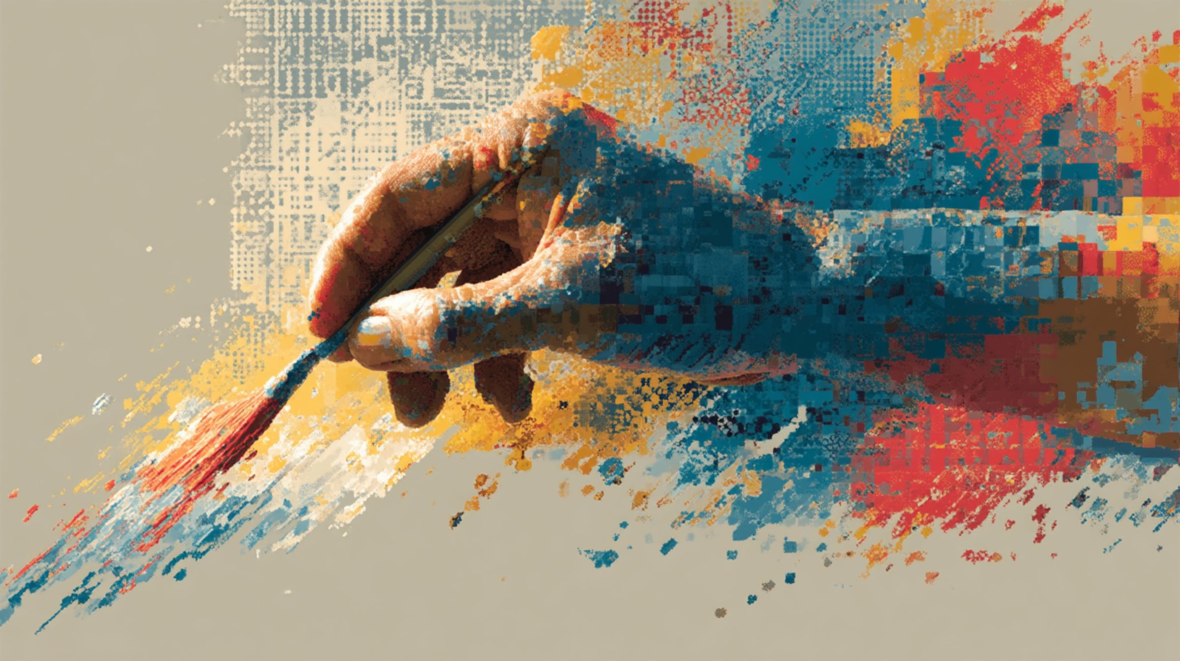 A human hand blends digital pixels into paint, symbolizing the human touch that gives technology soul.