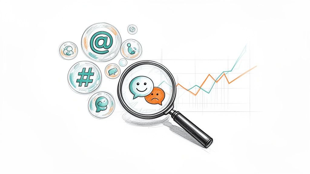 A sketch showing social media symbols, a magnifying glass on happy and sad faces, and data trends.