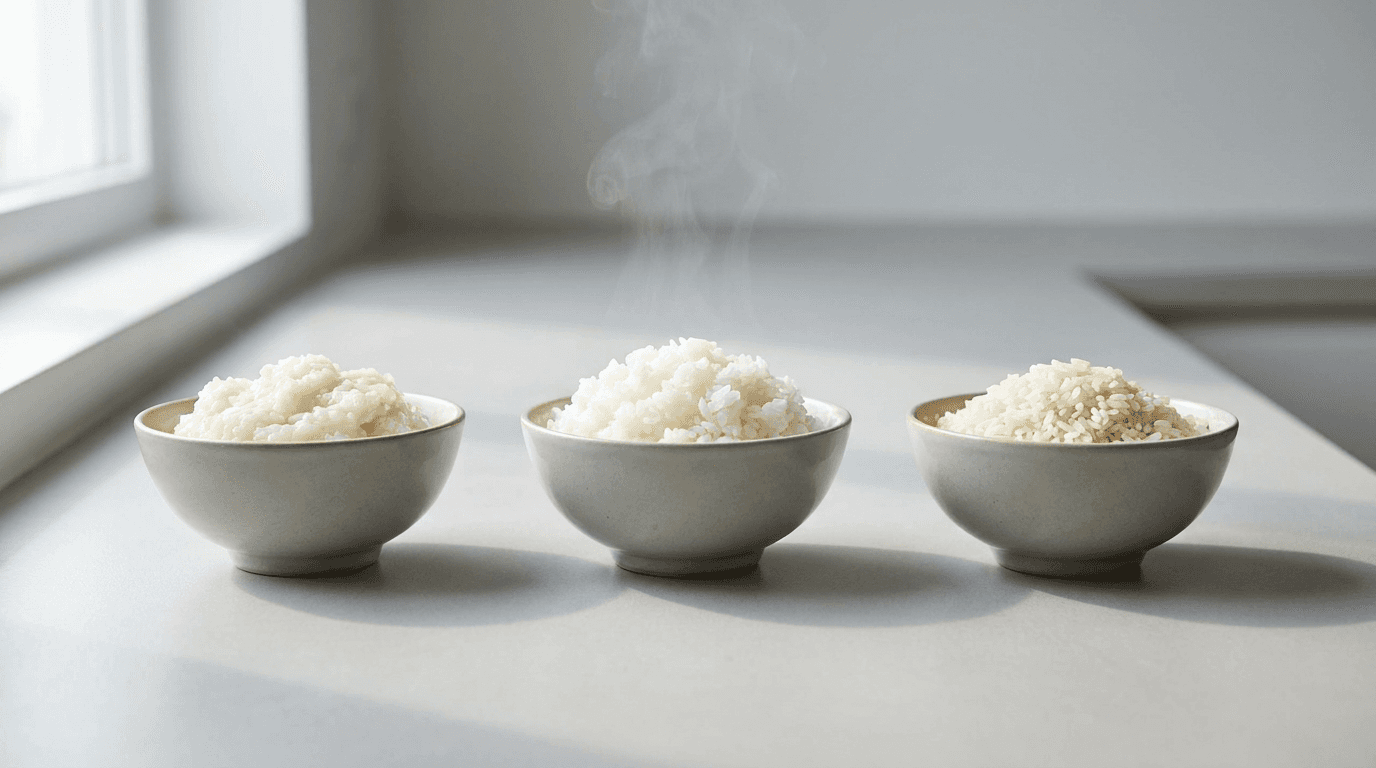 Side-by-side comparison of mushy, perfectly cooked, and undercooked rice in bowls