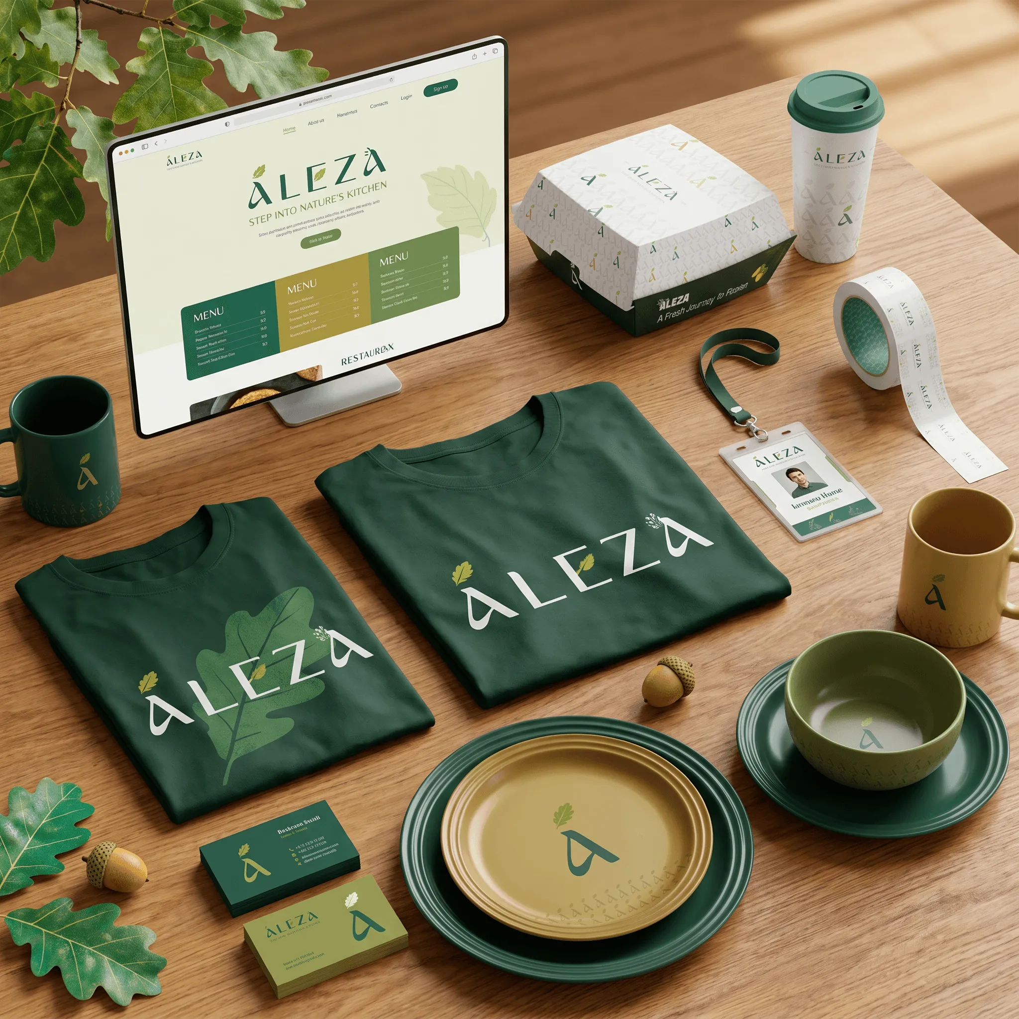 Aleza restaurant brand collateral with apparel, packaging, website and tableware