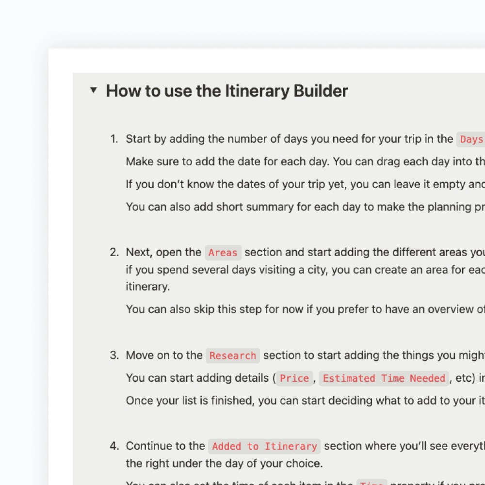 Instructions explaining how to use the Itinerary Builder page