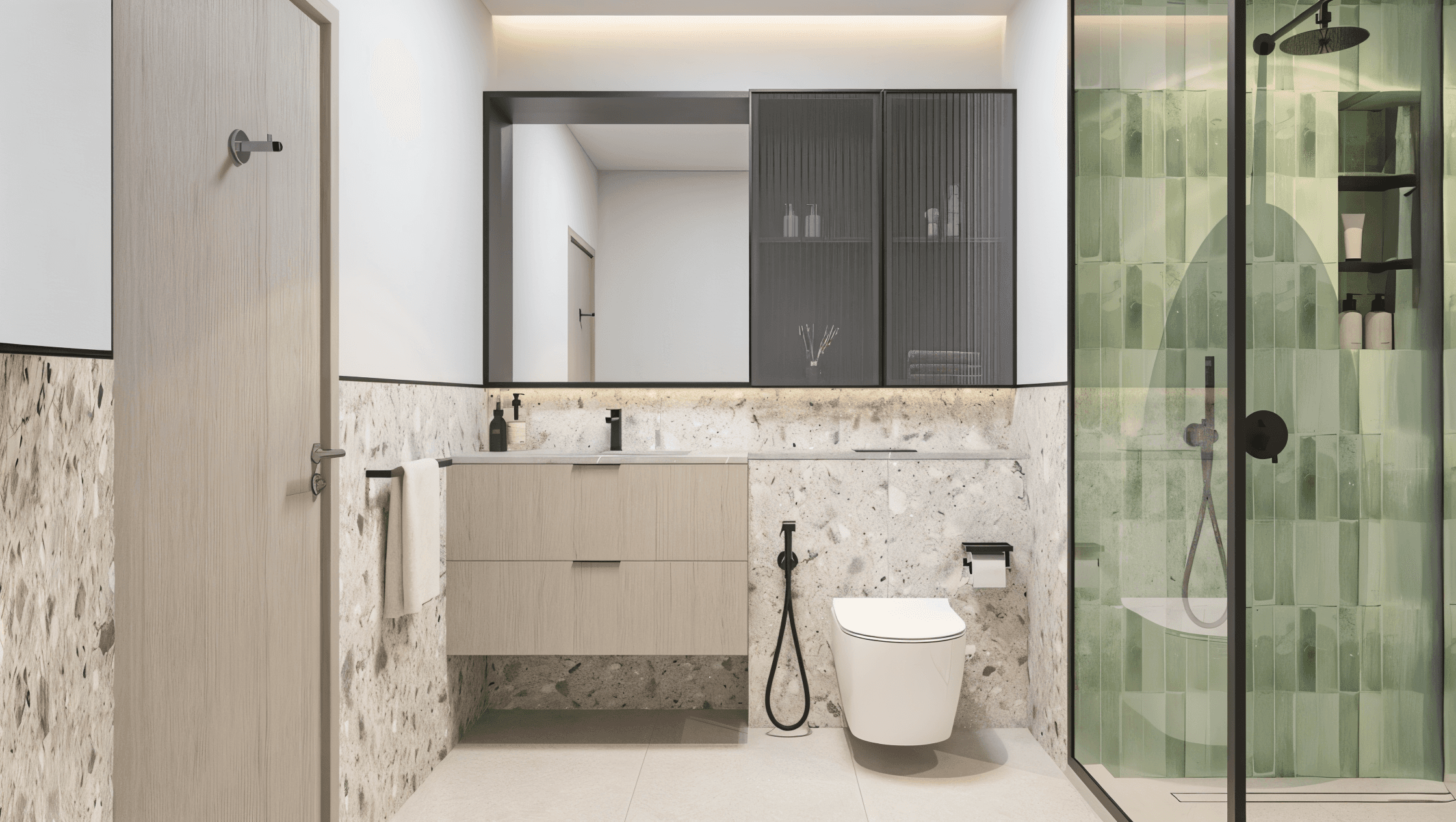 A bathroom in Hadley Heights 2, showcasing modern furniture with a stylish and inviting atmosphere.