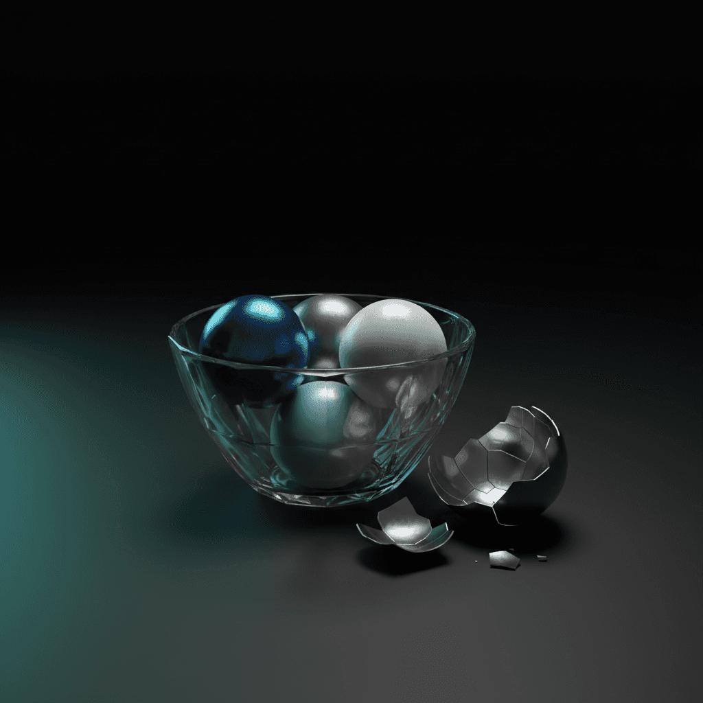 A crystal basket with metallic spheres representing diversified prop accounts and one fractured sphere showing single firm risk