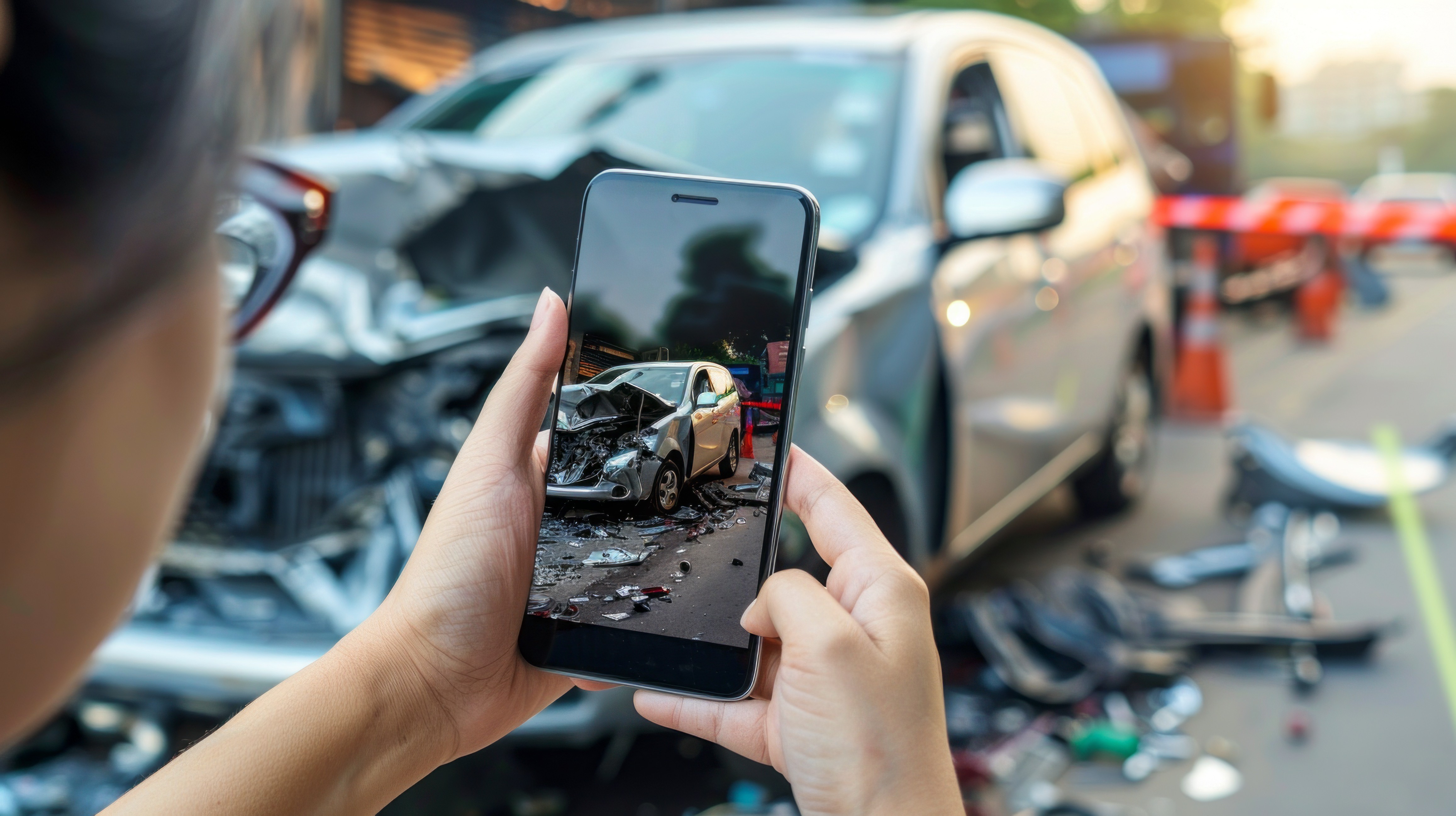 a person taking a photo of damage car