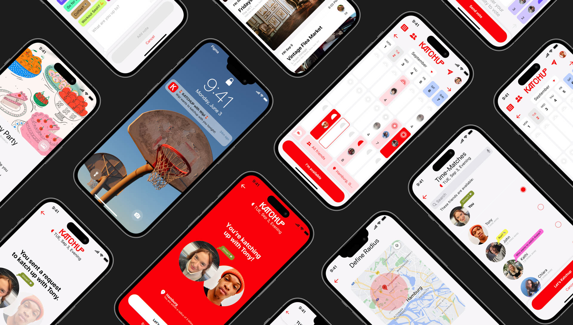 The image shows a collection of smartphones arranged diagonally in a grid pattern against a black background. The phones display various screens, including what appears to be calendar and messaging apps. Notable screens include a red phone displaying a KATSUPHULKY app with a basketball image, a white phone showing a calendar and scheduling app, a white phone with a map interface, and a white phone with a photo album interface. The phones vary in color and design, showcasing a diverse range of mobile devices.