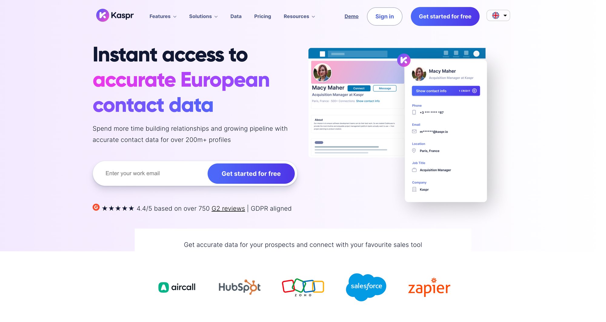 Kaspr homepage showcasing instant access to European contact data, a profile card example, and various integrations.