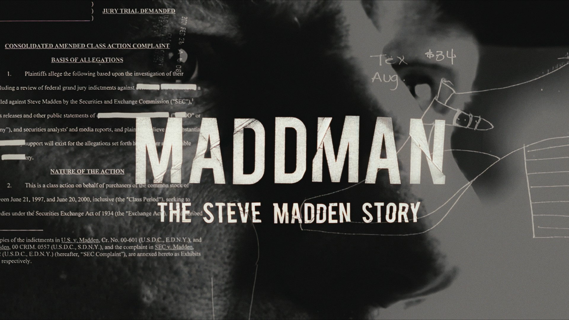 Title card for Maddman: The Steve Madden Story, over a sketch of a face