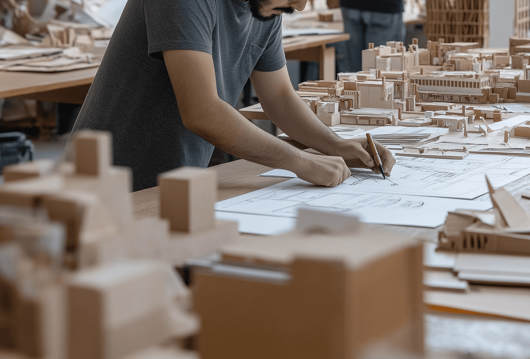A man with some model buildings