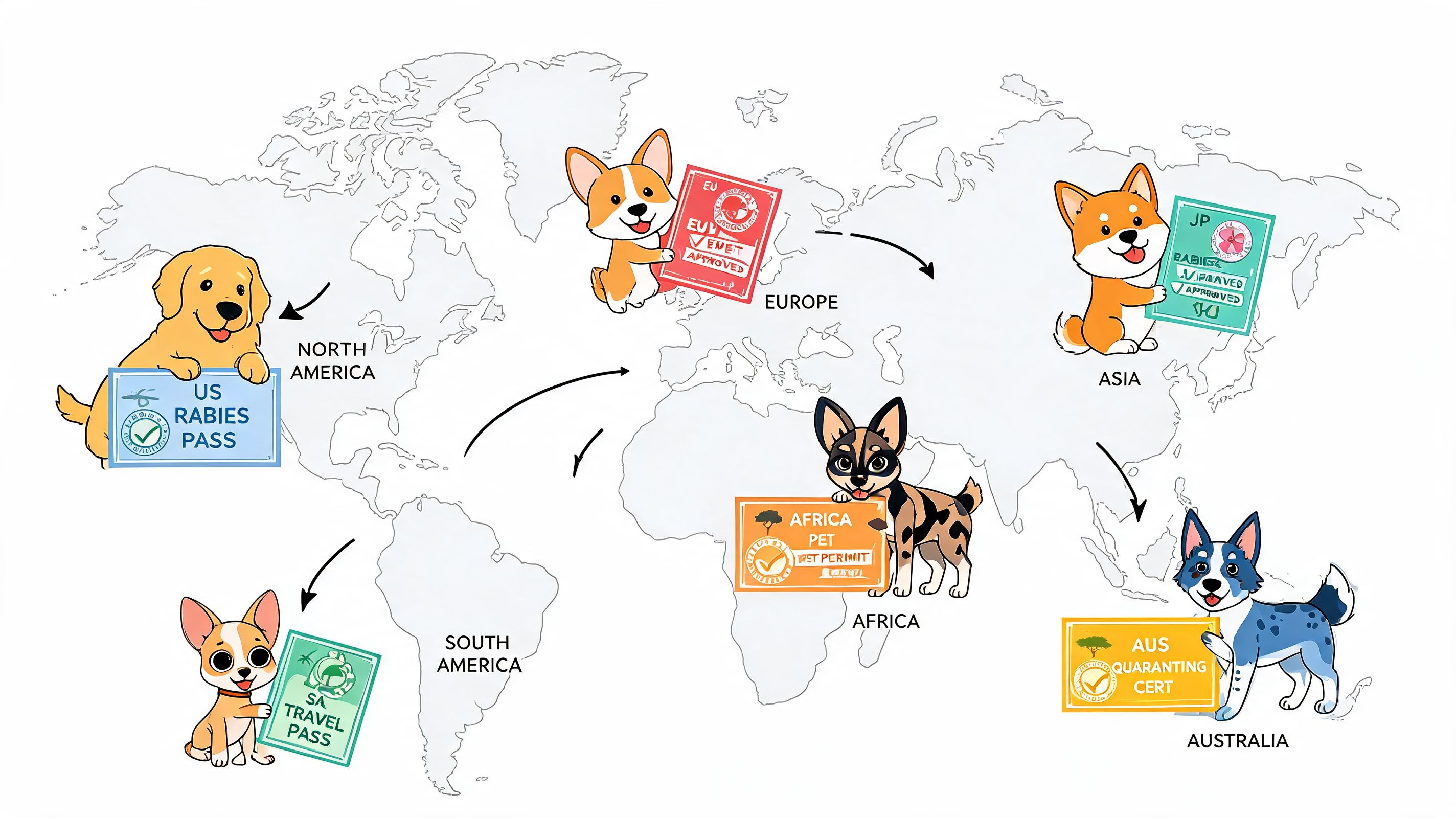 A map illustration showing cute cartoon dogs with various pet travel certificates for different world regions.