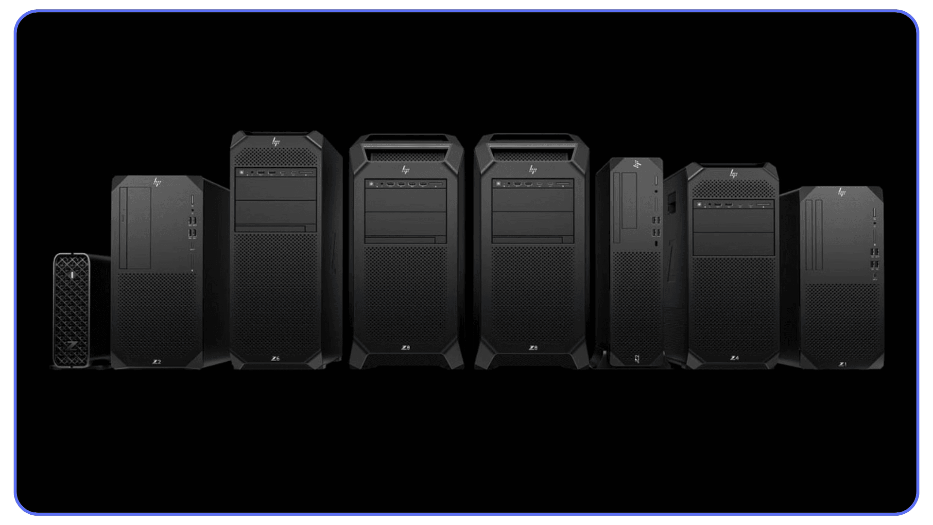 Full lineup of HP Z-Series desktop workstations displayed on a black background.