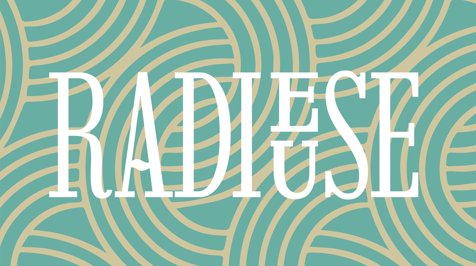 Logo Radieuse sur fond motif turquoise.