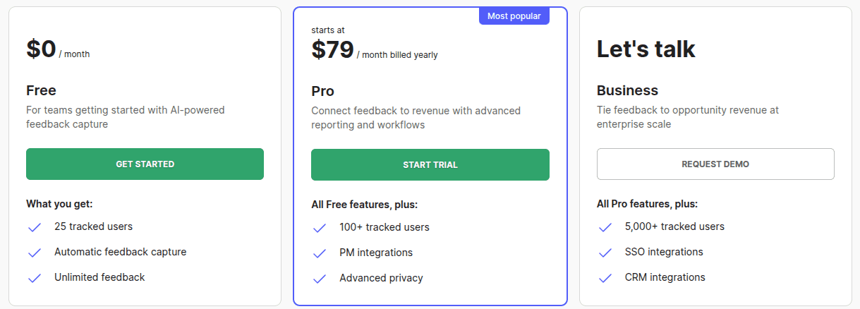 Canny pricing plans 2026: Free at $0, Pro from $79 per month billed yearly, and custom Business plan