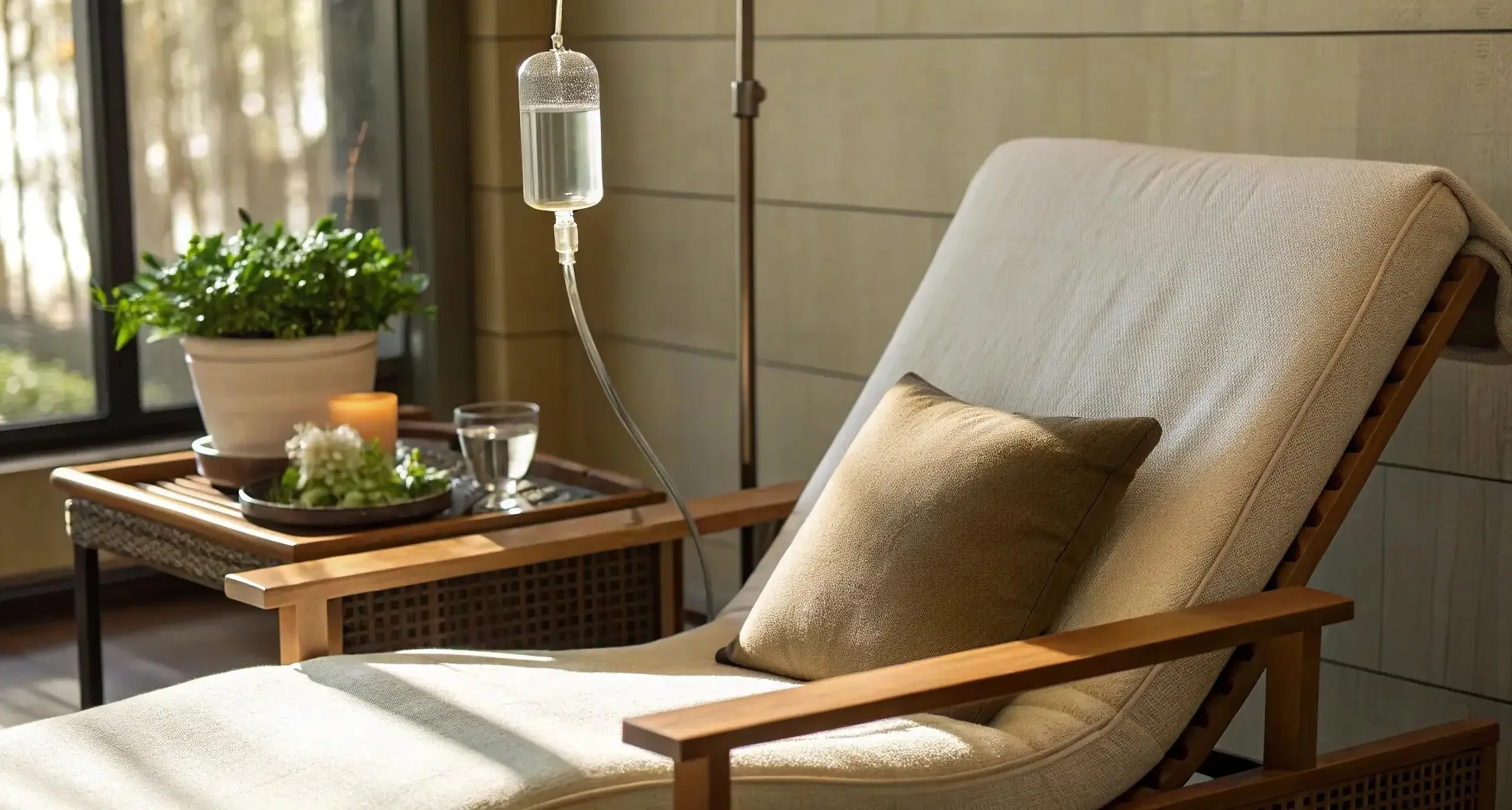 IV therapy hydration drip beside a luxury spa lounger.