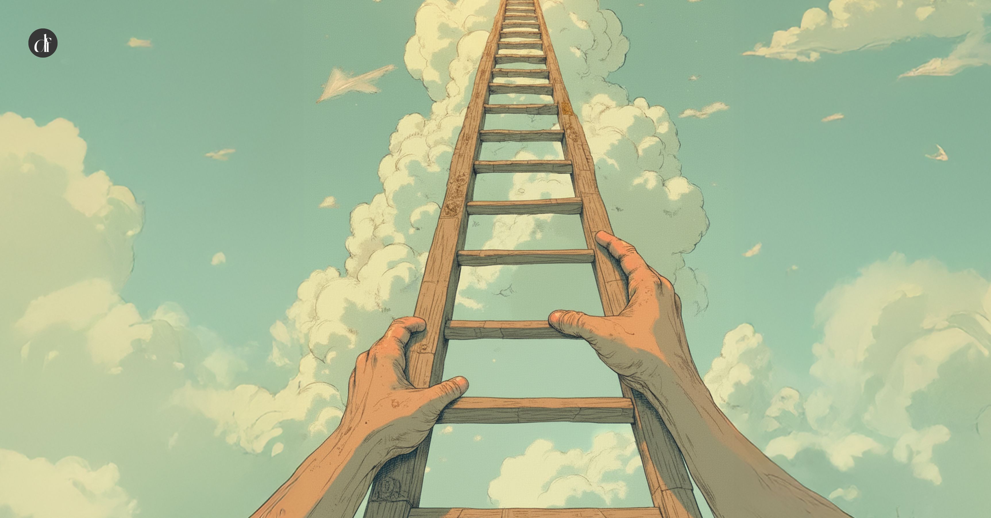 Hands climbing a wooden ladder through clouds symbolizing the LinkedIn personal branding journey and professional growth by Dreamforge.