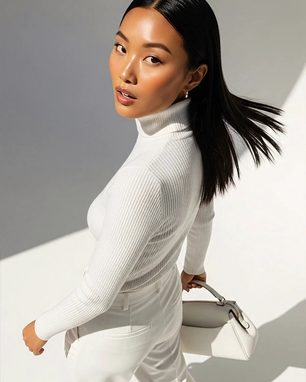 A stylish woman in white poses in walking style with a white handbag against a minimalistic background.