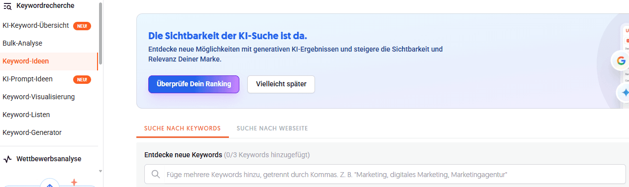 ein screenshot von dem Ubersuggest Bereich "Keyword-Ideen"