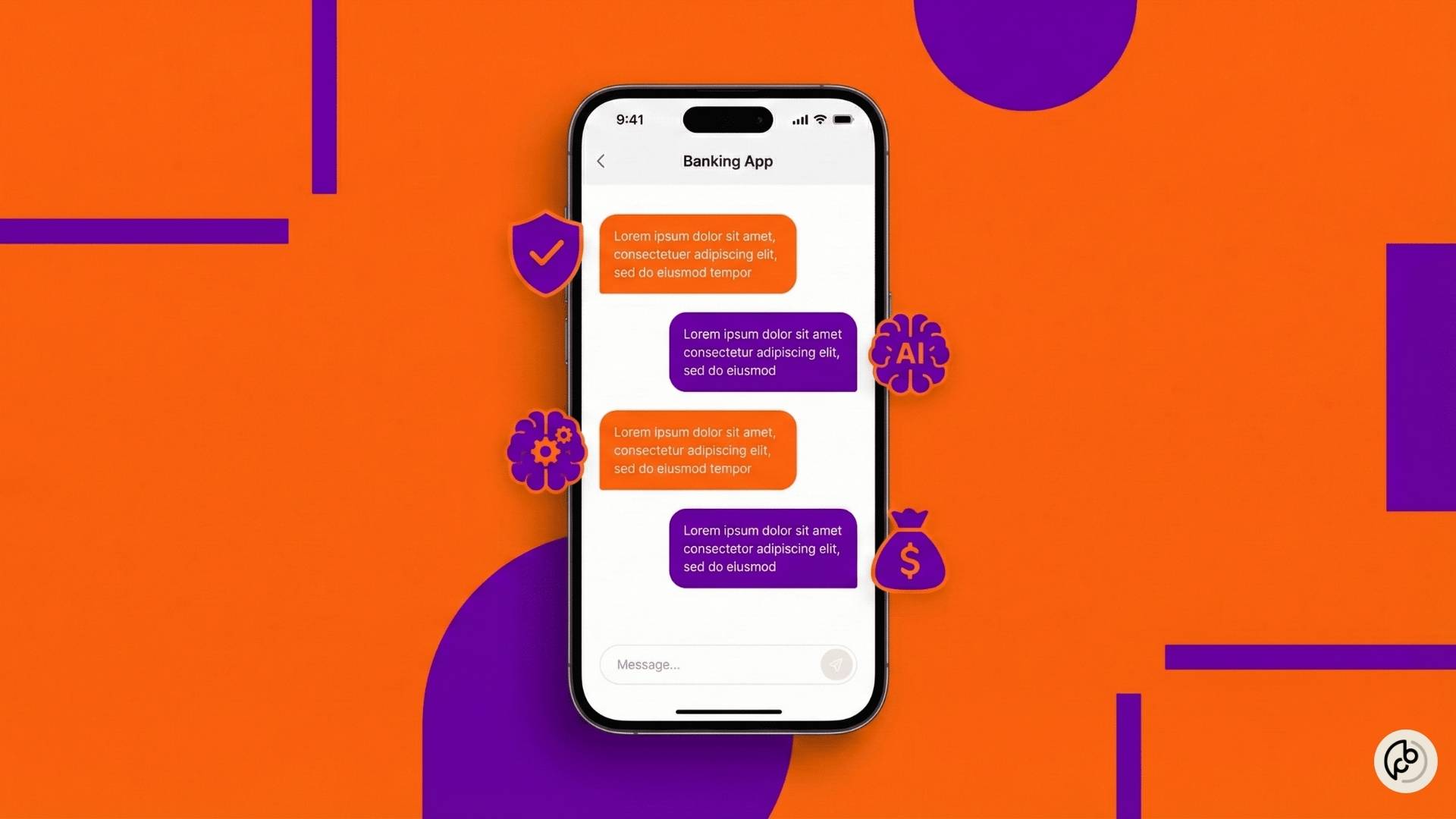 Retangulo laranja com simbolos geométricos roxos. 