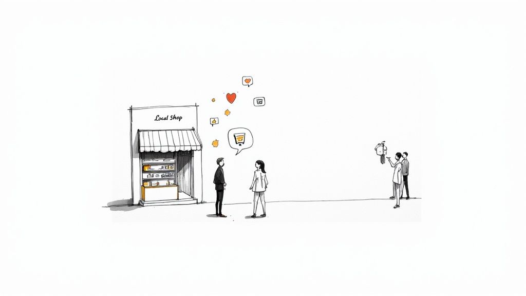 An illustration of a local shop with customers, social media icons, and content creators filming.