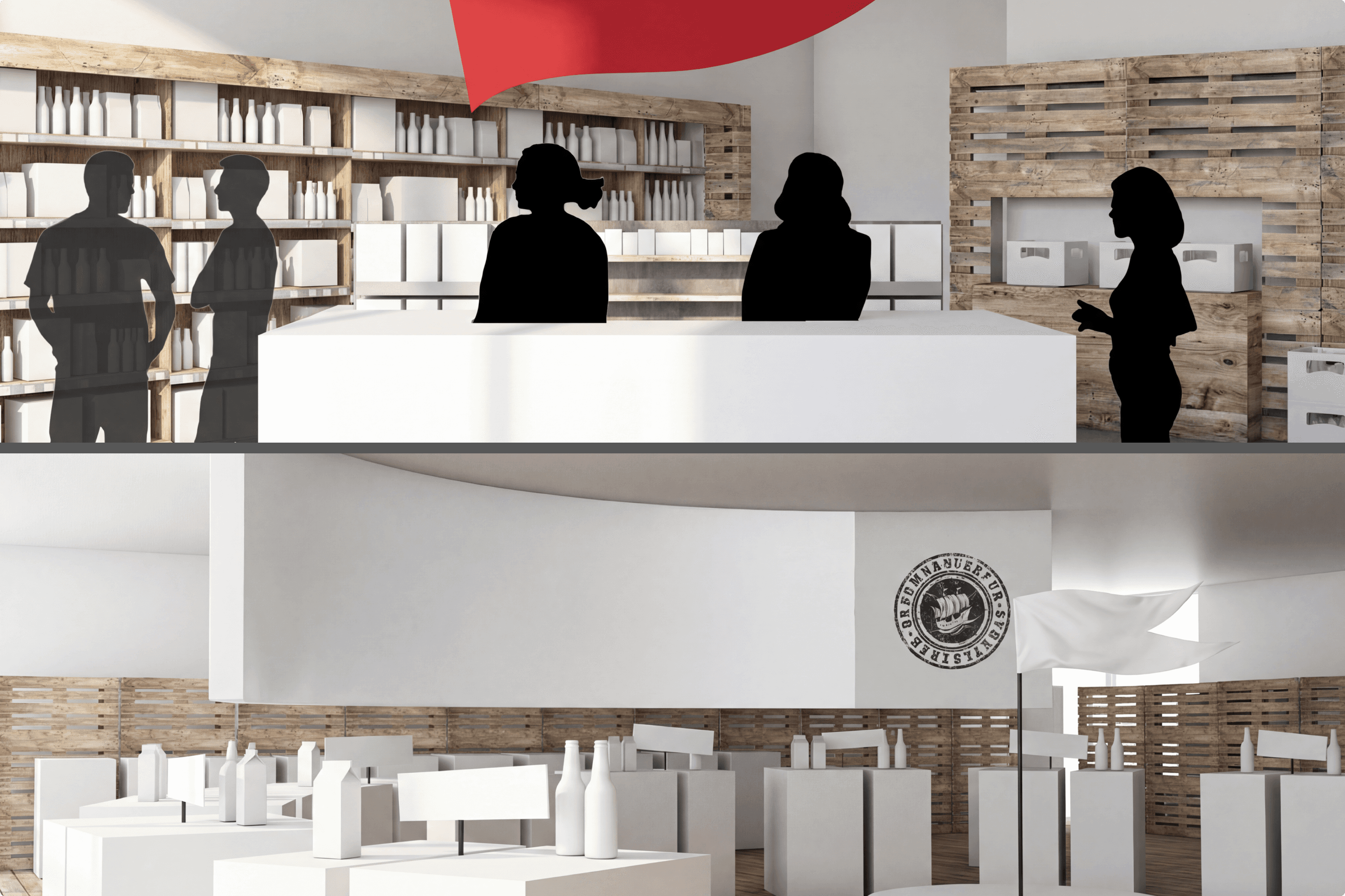 Store display with people, products, and signage.