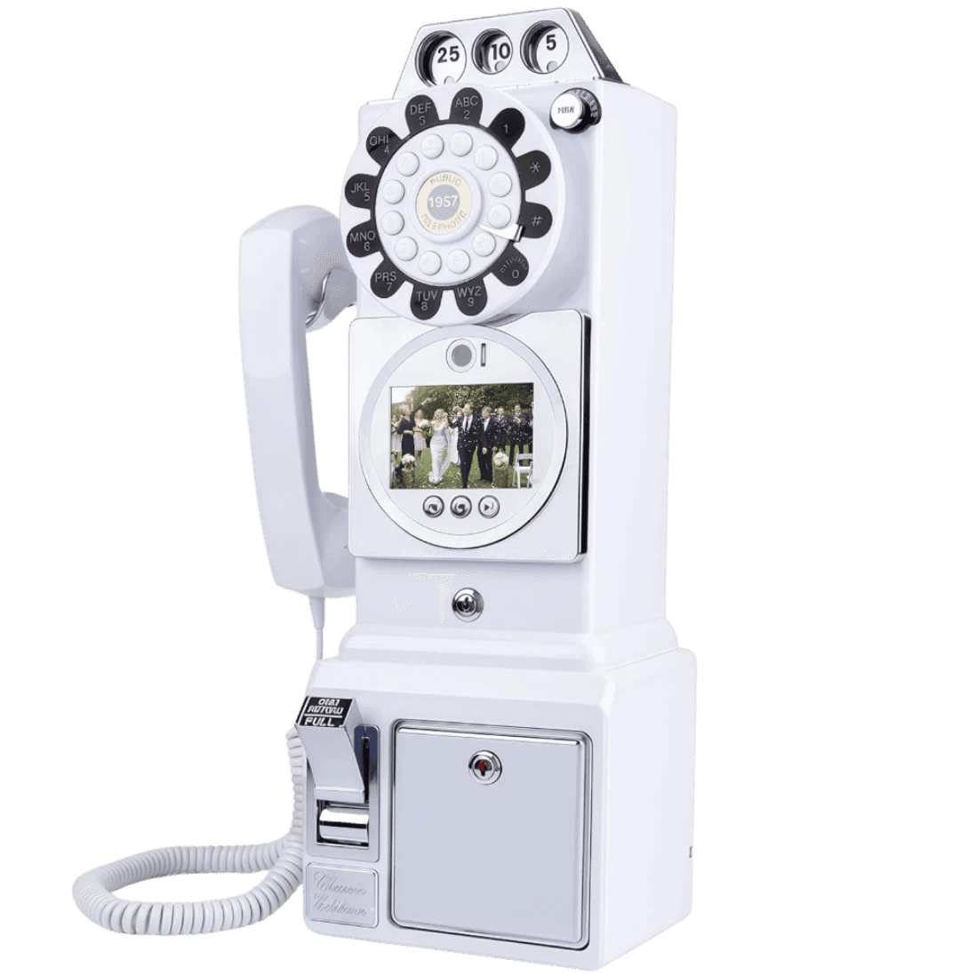 Image of a white audio guestbook. It looks like an old payphone.