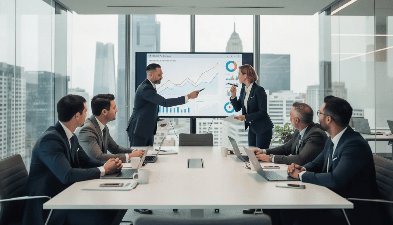 A team of executives is gathered in a modern office, analyzing business performance metrics displayed on screens, focusing on financial performance and investment criteria relevant to private equity. The discussion emphasizes operational improvement and growth potential of portfolio companies amidst current market conditions.