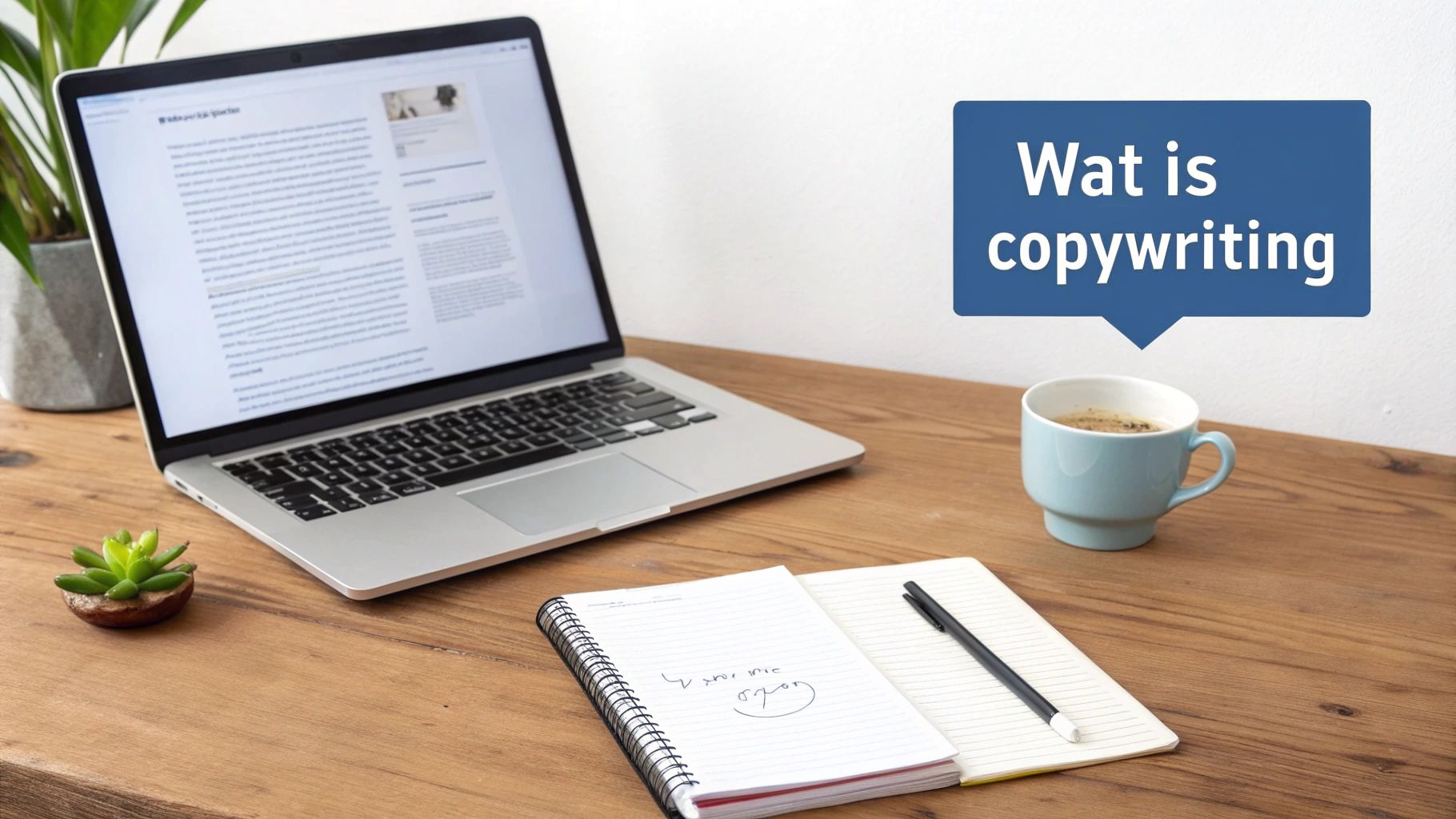 Een bureau met een laptop, plant, koffiekopje, notitieboek en pen. Een tekstballon zegt 'Wat is copywriting'.