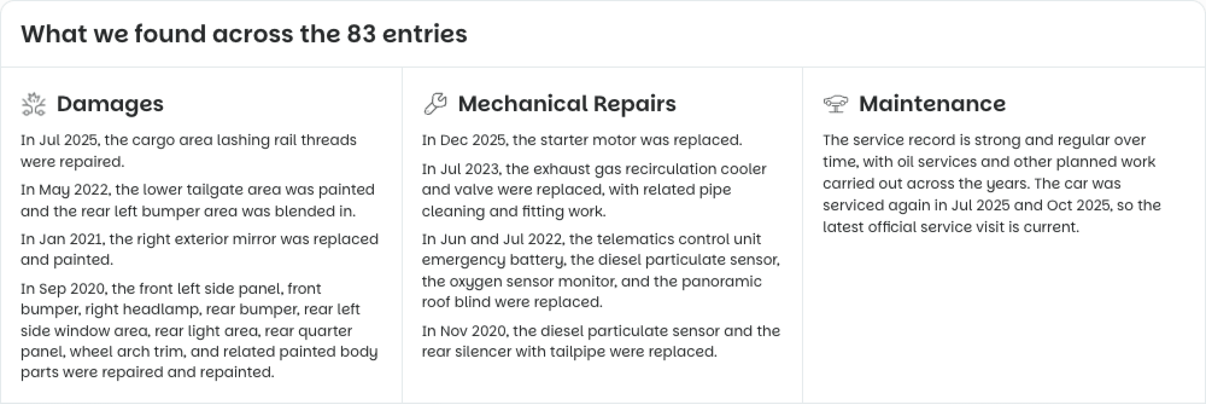 Screenshot from report which shows damages, mechanical repairs and maintenance status