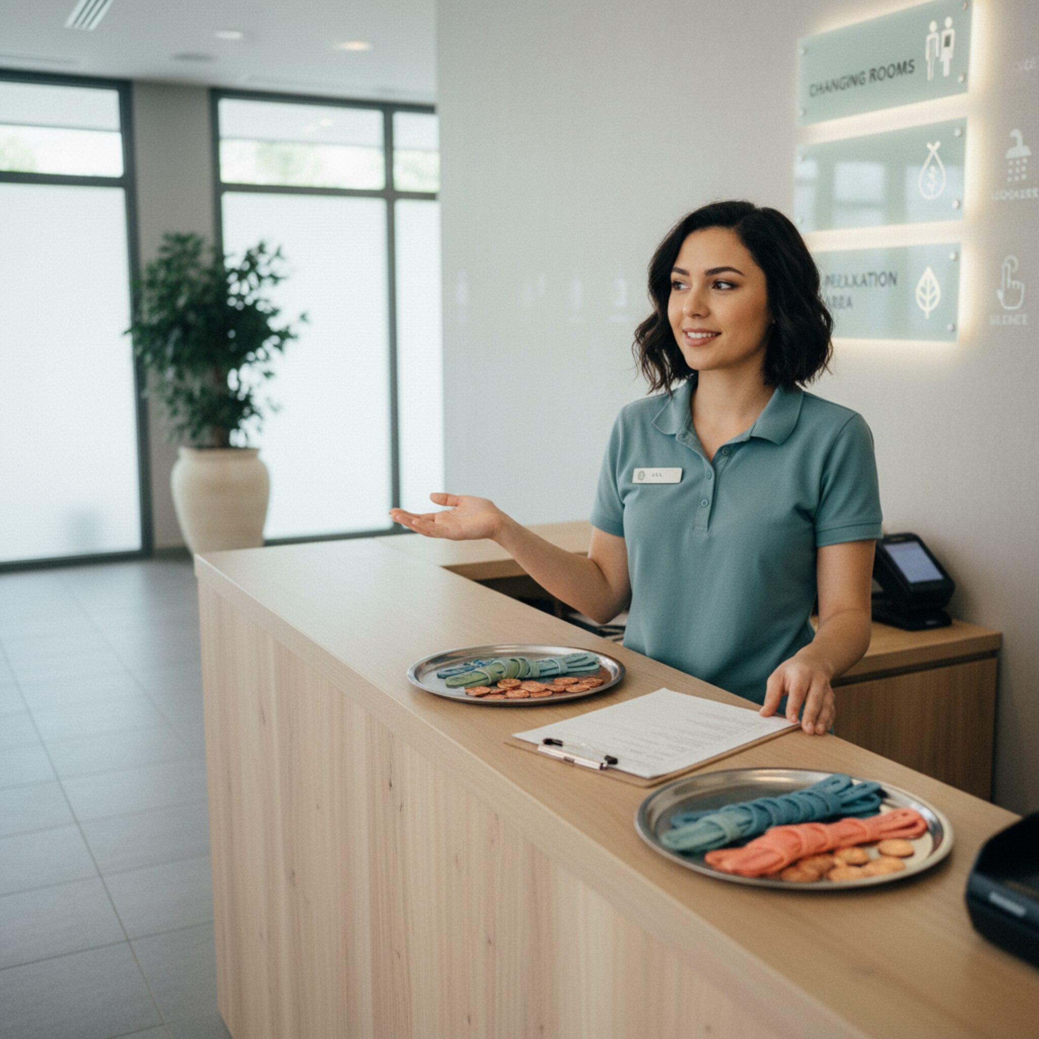 An der Rezeption liegen farbige Armbänder und sorgfältig sortierte Wertmarken bereit. Eine Mitarbeiterin legt eine Liste auf das Pult, verweist freundlich auf Garderoben und Ruhebereich. Dezente Beschilderung, ordentliche Ablageflächen, wohltuende Ruhe. Ein stimmiges Bild professioneller Organisation.