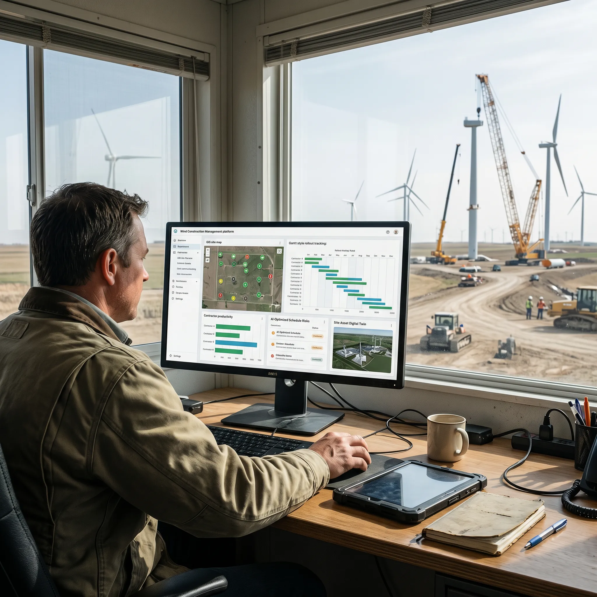 Engineer monitoring solar farm performance analytics and project data on dual screens in a site office overlooking solar panels.