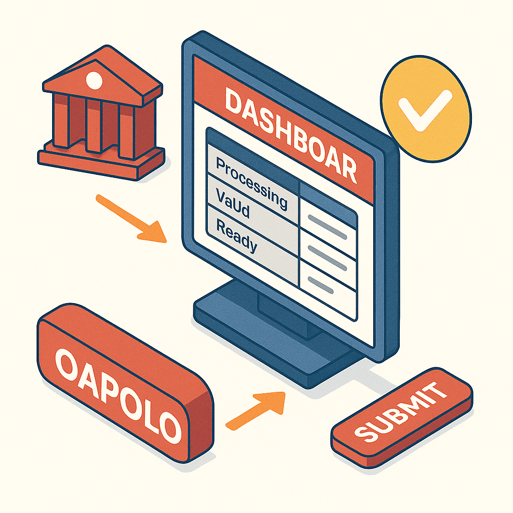 Ilustrasi antarmuka digital bergaya dashboard dengan ikon gedung merah, layar komputer bertuliskan "DASHBOARD", dan tiga status: "Processing", "Valid", dan "Ready". Terdapat dua tombol bertuliskan "APOLO" dan "SUBMIT", serta ikon centang kuning yang menandakan persetujuan atau penyelesaian proses. Kalau kamu ingin versi alt text dalam bahasa Inggris atau versi yang lebih deskriptif untuk aksesibilitas, aku bisa bantu juga.