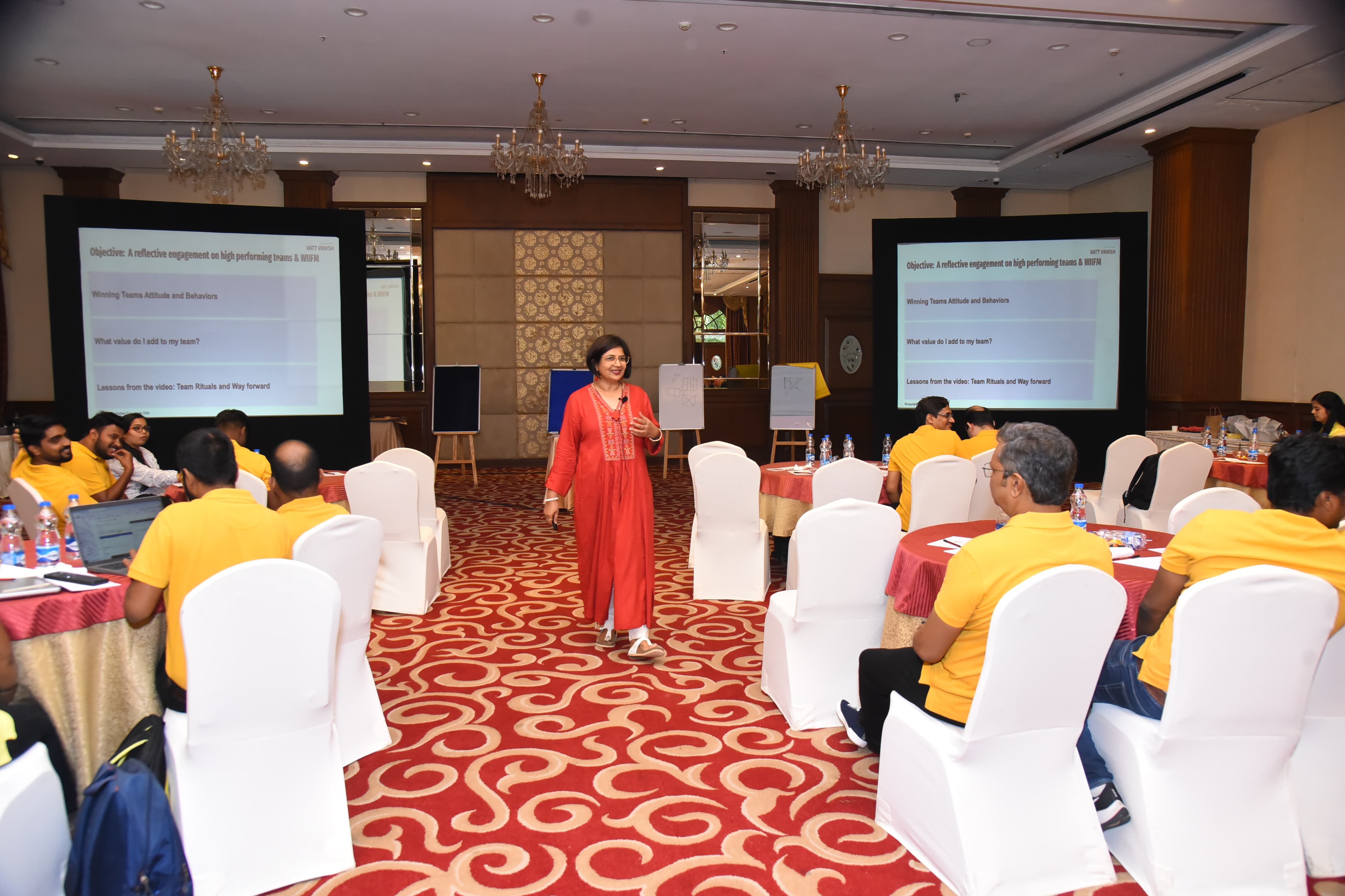 Mridula Sankhyayan in an auditorium presenting at a conference