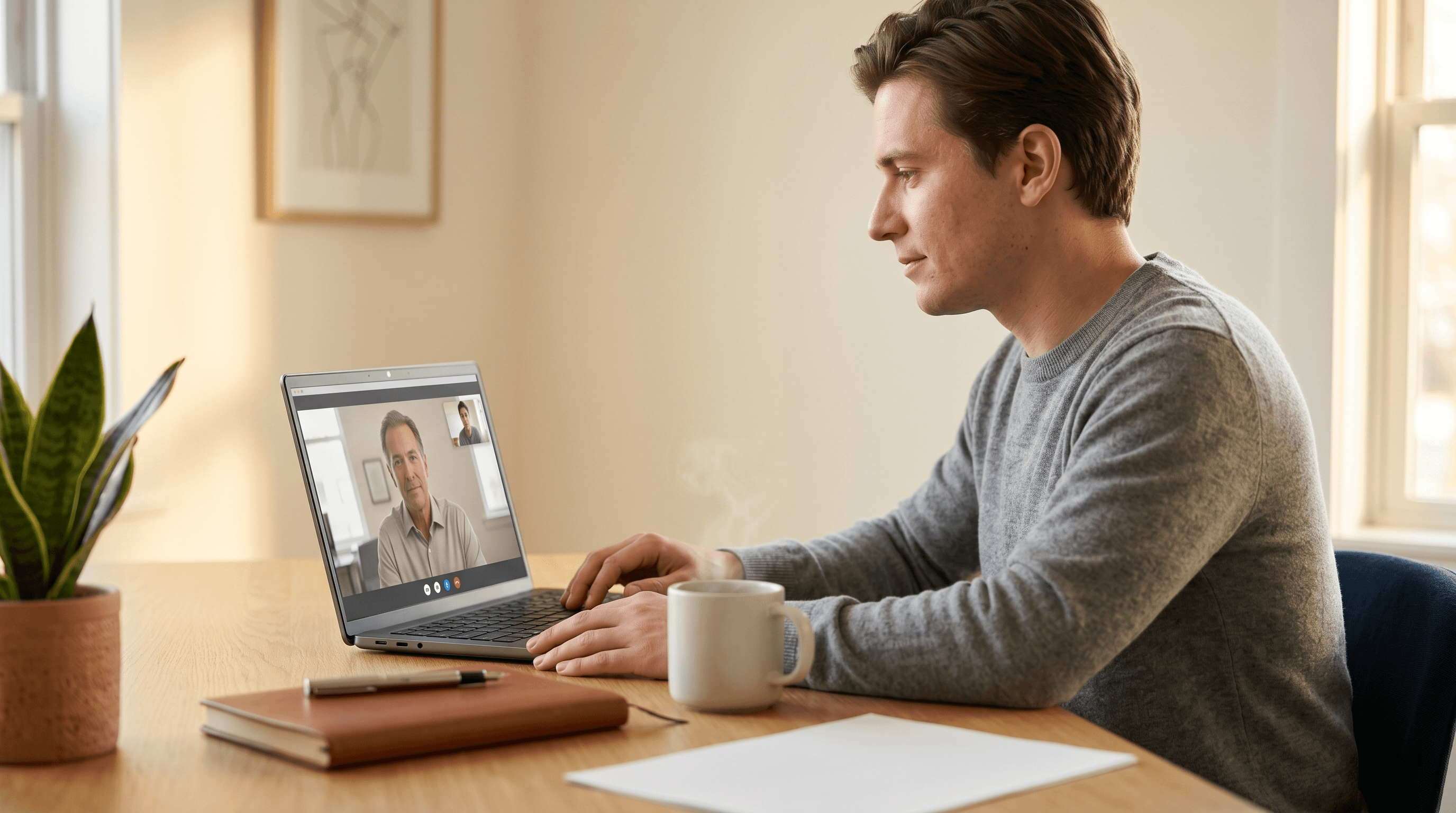 A working professional in a tidy home office attending a video consultation with a clinician on a laptop screen.