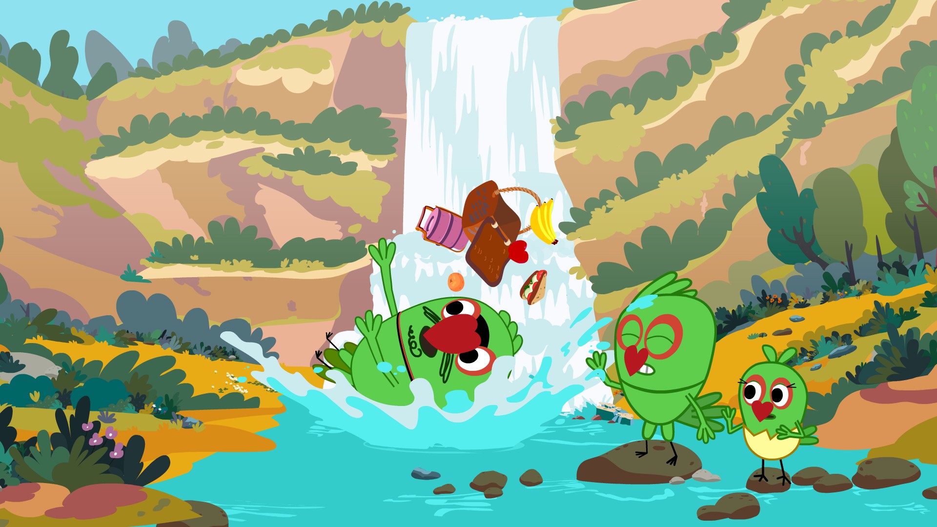 Waterfall — Piku N Tuki characters splashing in the water beneath a waterfall