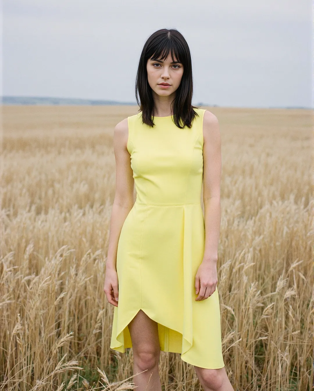 Bright yellow dress with asymmetrical hem stands out against golden wheat field backdrop, creating striking editorial contrast