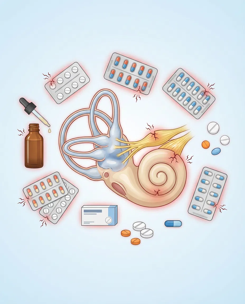 Conceptual illustration of medications associated with ototoxic effects