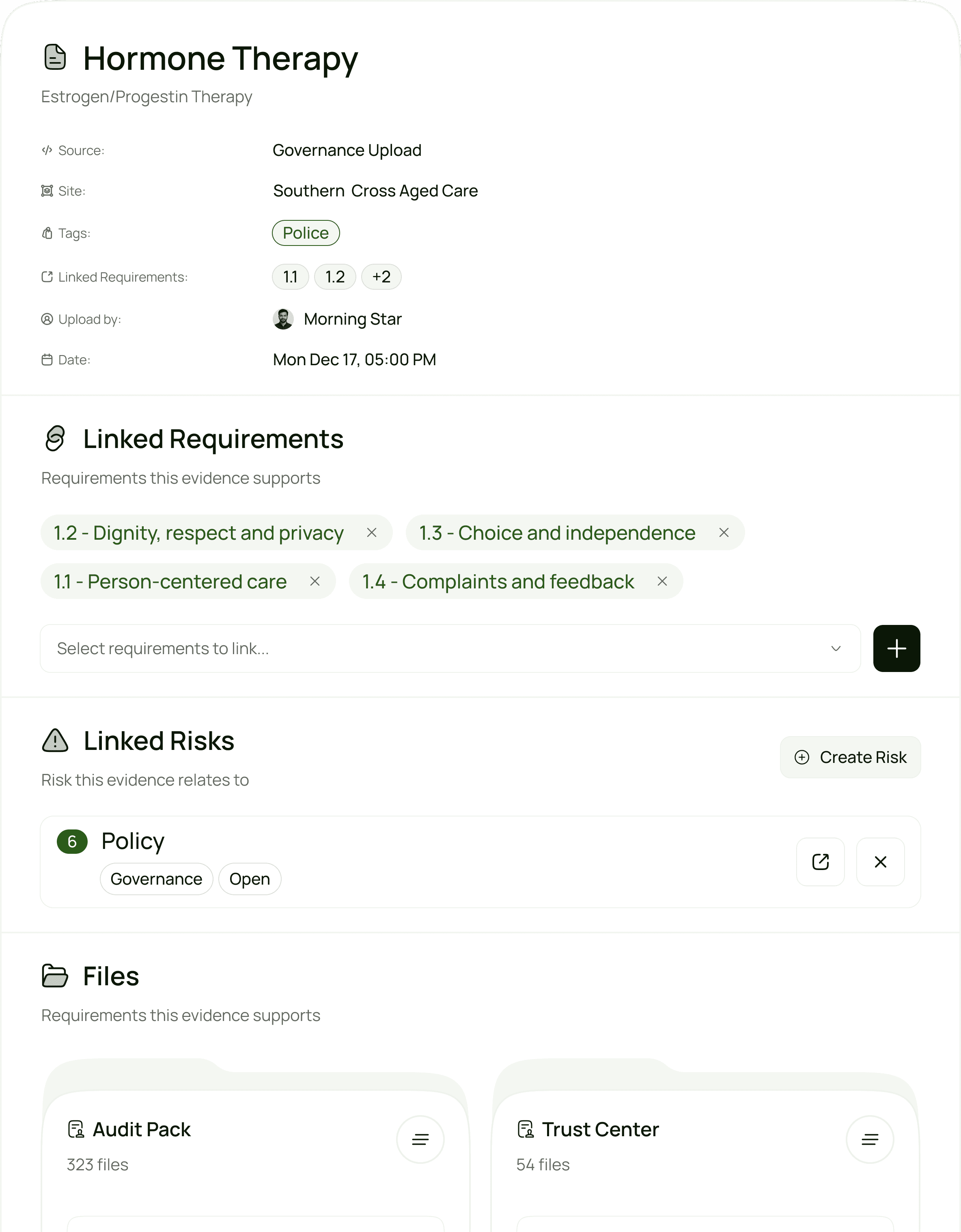 Aged care compliance software evidence management screen showing hormone therapy policy and linked ACQS 2025 requirements