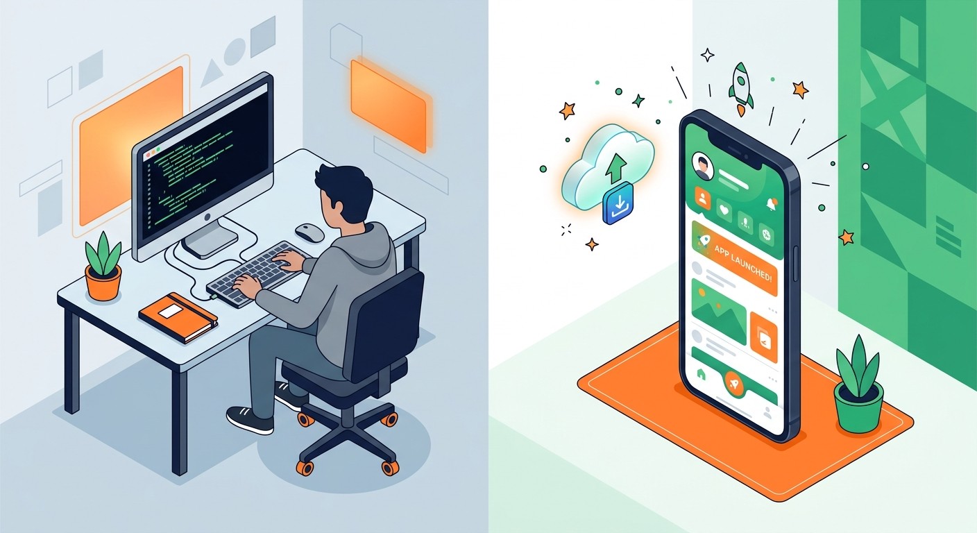 Side-by-side comparison of CatDoes app builder workflow versus Claude Code terminal workflow