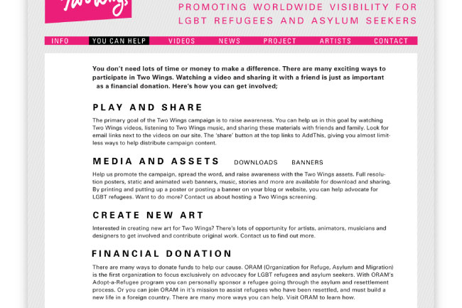 A webpage promoting Two Wings, a campaign for LGBT refugees and asylum seekers, features a pink header and footer. The page includes sections on play and share, media and assets, create new art, and financial donation, with contact information provided.