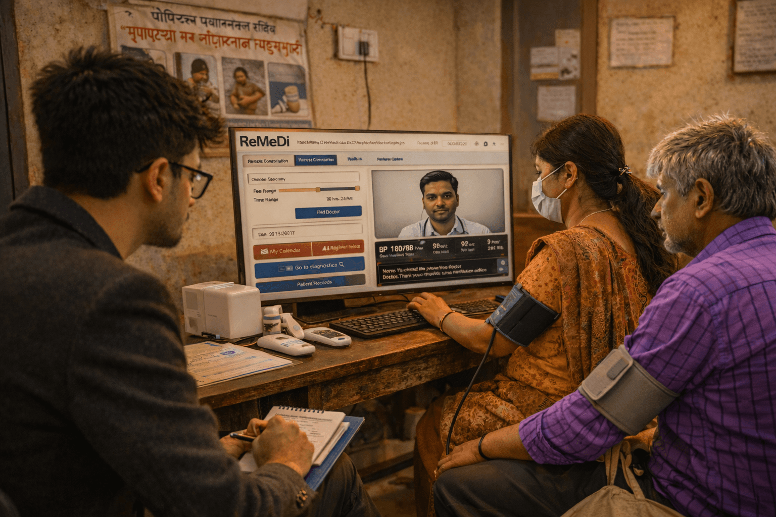 A person sits in a dimly lit, foggy room on a foldable chair, facing a large illuminated geometric shape. The scene conveys solitude and mystery