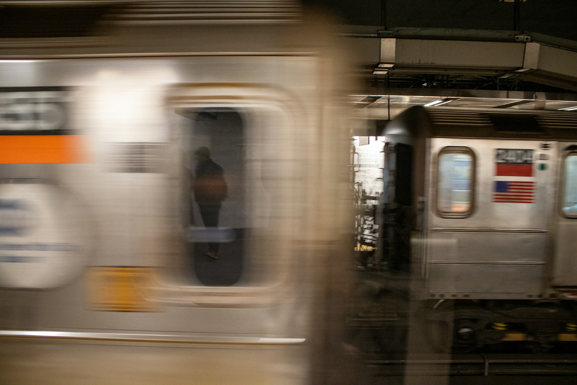 A subway car in motion