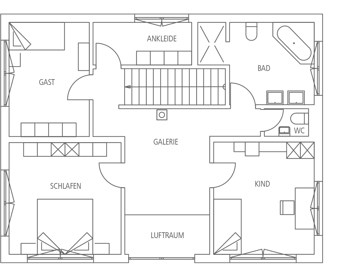Grundriss einer Wohnung mit Schlafzimmer, Gästezimmer, Ankleide, Galerie, Kinderzimmer, Bädern und WC.