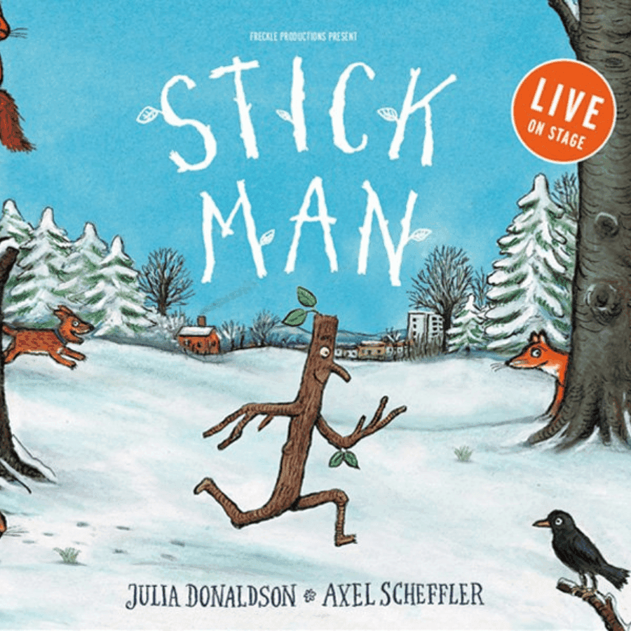 Stick Man running through snowy park with animals and snowman, London.