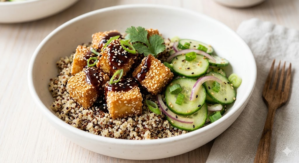 A close-up view of a healthy plant-based meal in a white ceramic bowl featuring golden-brown crispy sesame tofu cubes drizzled with soy glaze, served over tri-color quinoa with a side of sliced cucumber salad and red onions, garnished with green onions and cilantro.