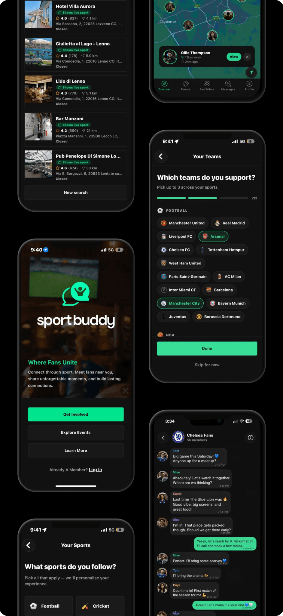 SportBuddy app screens displaying venue search, fan groups, team selection, and live chat.
